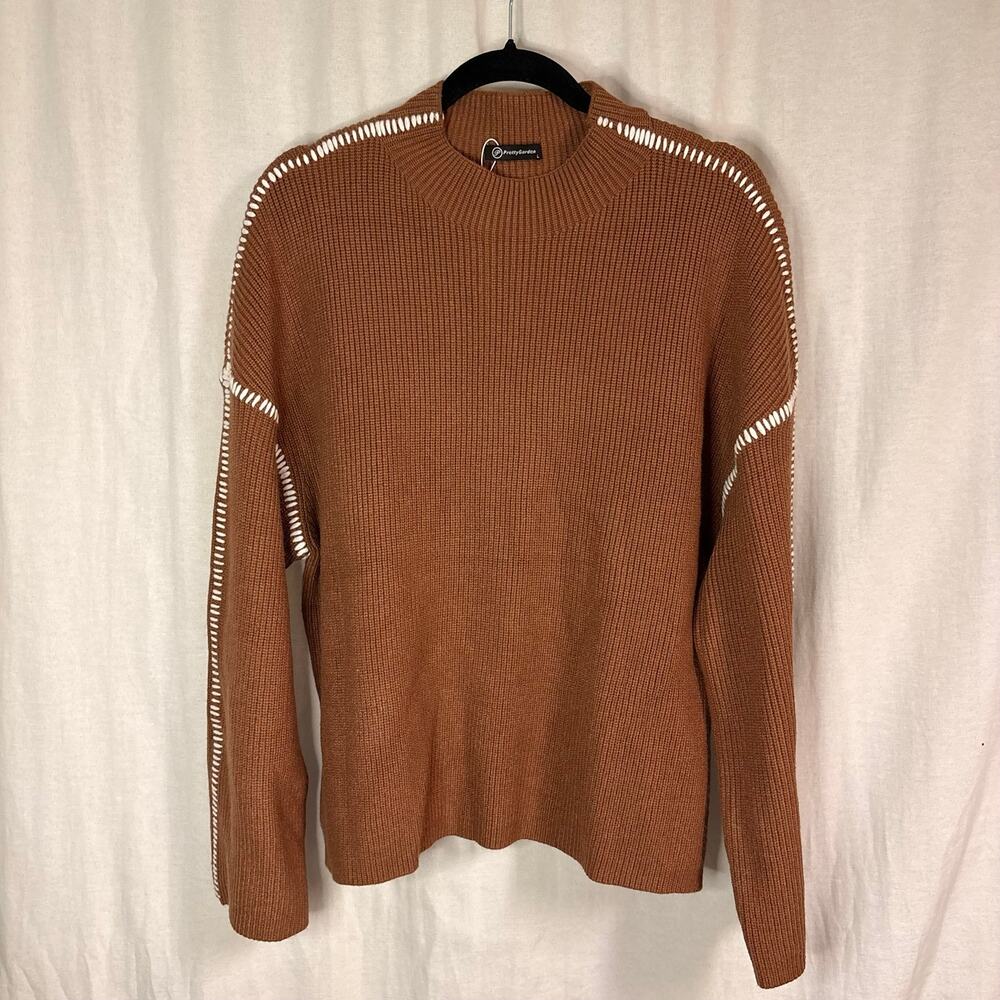 PrettyGarden Mock Neck Rib Knit Sweater Brown Contrast Stitch Pullover Large